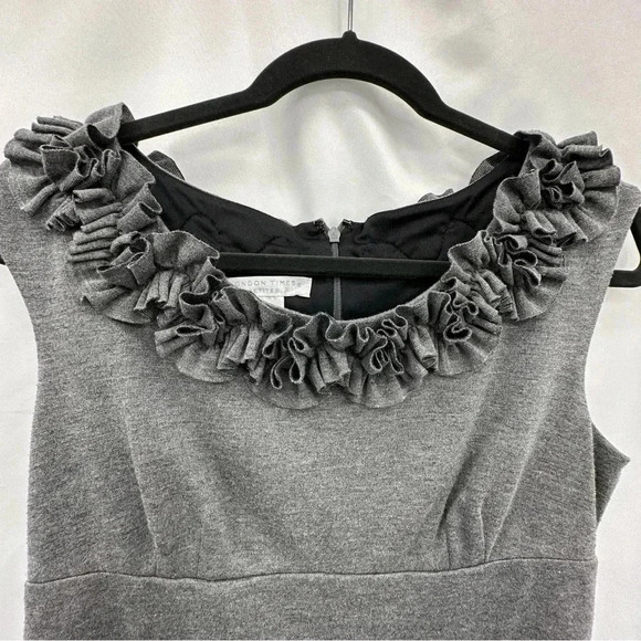 London Times Womens Shift Dress 10P Gray Ruffled Sleeveless Unlined Zip Closure - Picture 2 of 9